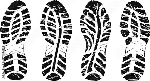 Four distinct black shoe sole prints with unique tread patterns on white background