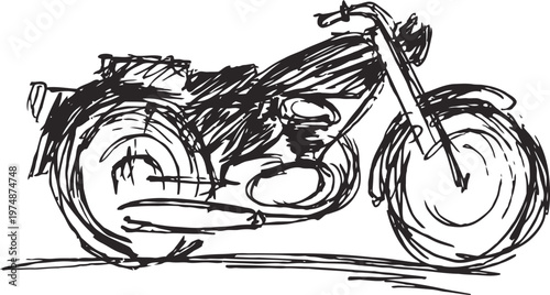 Black hand drawn motorcycle sketch with rough, expressive lines and dynamic