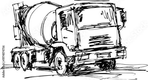 Concrete mixer truck sketch in motion construction vehicle illustration in dynamic