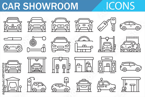 Car showroom automotive icons set with editable stroke, minimal line vector collection featuring vehicles, dealership, repair tools and transport symbols for UI UX design isolated on light background