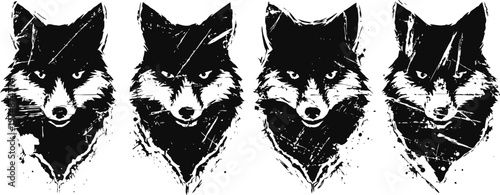 Abstract black and white wolf head illustrations in grunge style, four variations