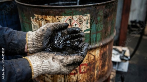 Close up of an individual's gloved hands covered in black oil dripping near a rusty green industrial barrel