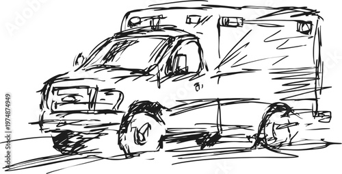 Ambulance emergency vehicle sketch in motion, medical transport with siren and headlights