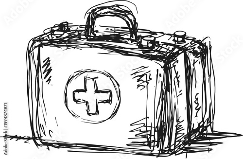 Hand drawn first aid kit with medical cross symbol, emergency health care box sketch