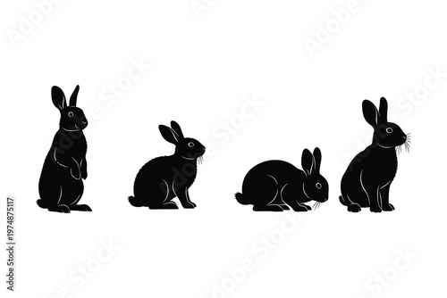 Four Silhouettes of Rabbits in Various Poses, Sitting, Standing, and Resting, Isolated on White Background, Minimalist Art