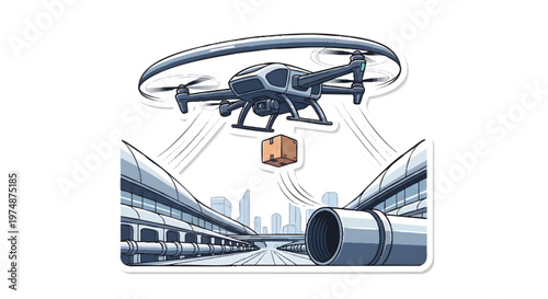 Drone delivering package to industrial pipe on bridge with cityscape background