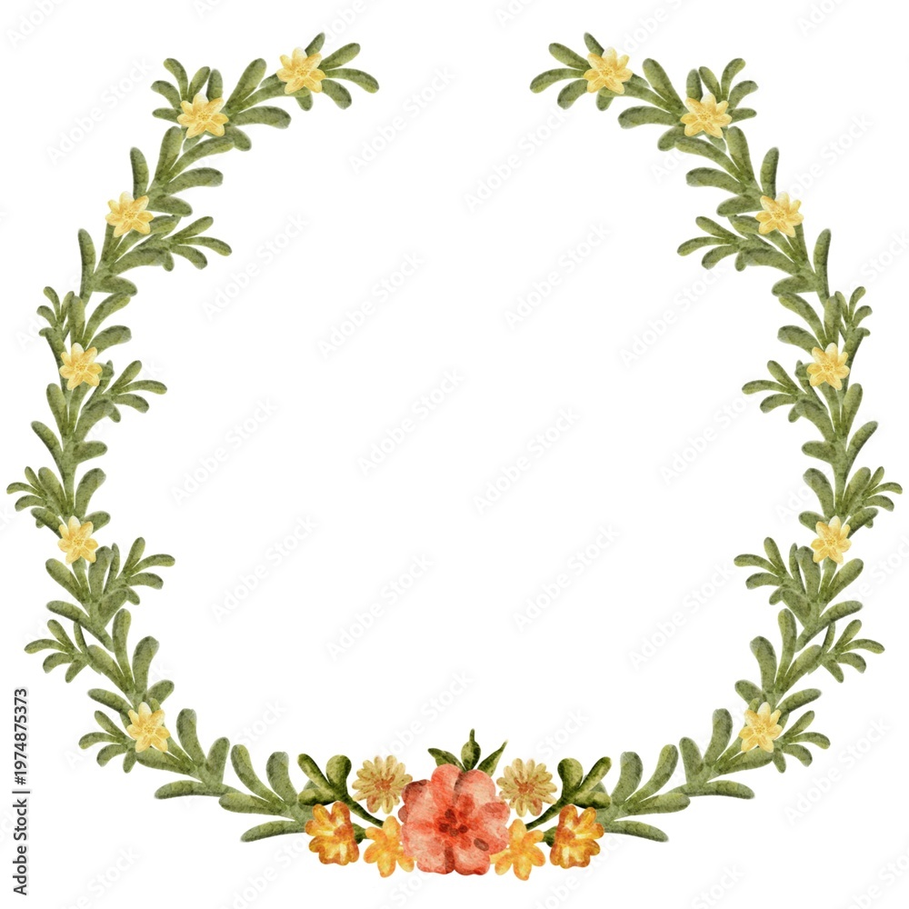 Fototapeta premium Floral wreath design with yellow and orange flowers and green leaves suitable for invitations or decorations