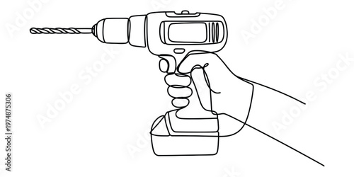 A continuous line drawing of a person holding a cordless power drill for home improvement projects