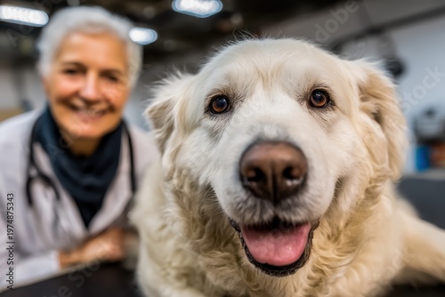 A joyful golden retriever smiles during a veterinary checkup, showcasing the bond between pet and professional.