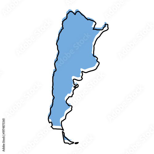 Argentina map from black contour curves lines with a blue shifted silhouette on white background
