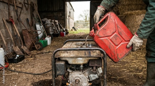 Gloved hands pour gasoline from a red jerry can into a portable generator in a rustic barn Farm tools and hay visible
