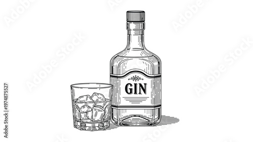 Vintage style hand drawn illustration of a bottle of gin next to a glass filled with ice and the refreshing clear alcoholic drink.