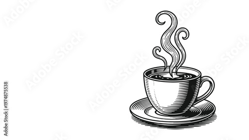 Hand drawn illustration of a steaming cup of hot coffee or tea resting on a saucer with decorative steam swirls rising into the air.
