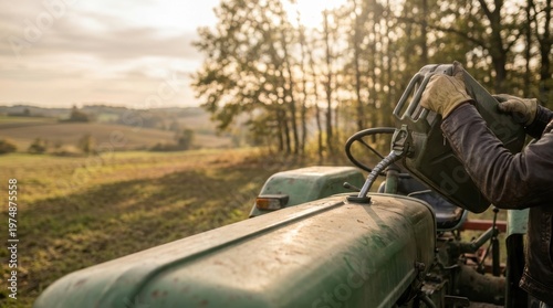 Close up of gloved hands refueling a classic green farm tractor from a jerrycan in a sunny autumn landscape