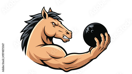 Powerful horse mascot with a muscular arm holding a black bowling ball and looking fierce for a sports team or bowling league.