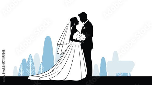 Beautiful silhouette of a bride and groom facing each other with the bride holding a white bouquet on their wedding day in a park.