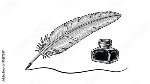 Elegant hand drawn sketch of a feather quill pen next to a small inkwell glass bottle for writing and literature themes.