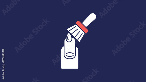 Simple white icon on a navy blue background shows a drop of polish being applied to a fingernail with a brush.
