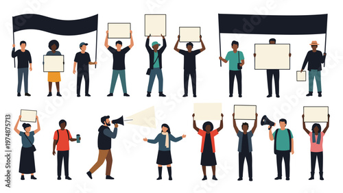 Diverse group of people standing together in a peaceful protest carry blank signs and banners for social justice and activism.