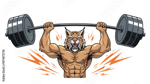Muscular bobcat mascot with a fierce expression and feline features successfully performs a heavy barbell overhead press.