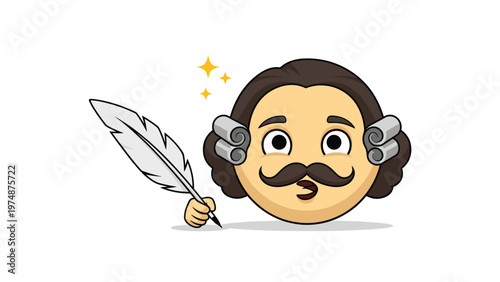 Cute cartoon character resembling William Shakespeare holding a white quill pen as if writing something against a white background.