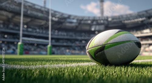 Close-up of a rugby ball on a stadium field, ready for a match