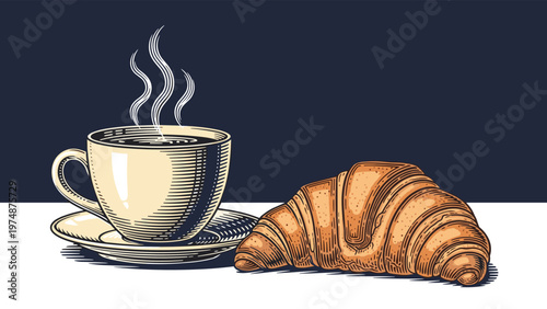 Detailed vintage style engraving of a steaming cup of coffee on a saucer next to a fresh flaky croissant on a white table.