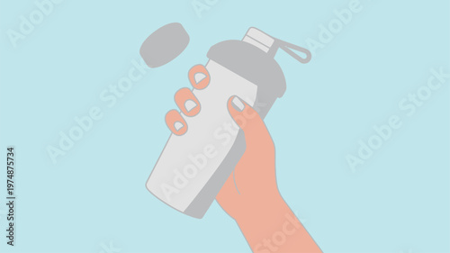 Human hand grasping an open shaker bottle with subtle outlines against a serene light blue backdrop