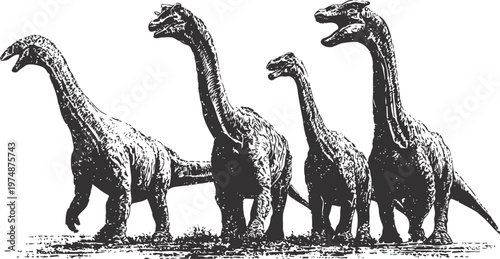 Herbivorous dinosaurs group walking together in prehistoric natural environment illustration