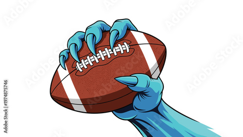 Sharp-taloned blue monster hand firmly grips an American football against a clean white background in a sports mascot style.