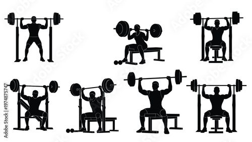 Collection of black silhouettes depicts men in various stages of weightlifting including squats and bench presses at the gym.