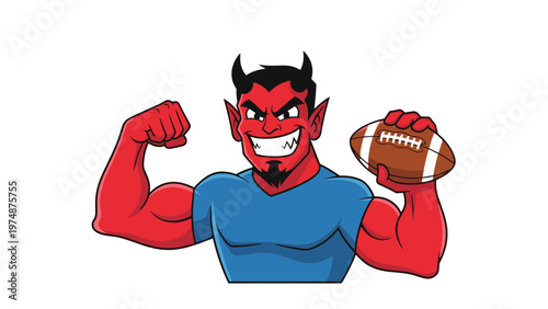Grinning red devil mascot with black horns and a blue shirt flexes a bicep while holding an American football.