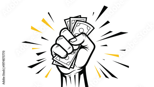 Illustration of a raised fist tightly clenching a stack of cash suggests power, wealth, success, and financial triumph.