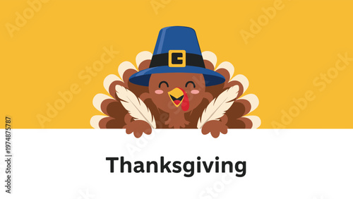 Cheerful cartoon turkey with spread feathers wears a blue pilgrim hat and stands behind a white banner for Thanksgiving.