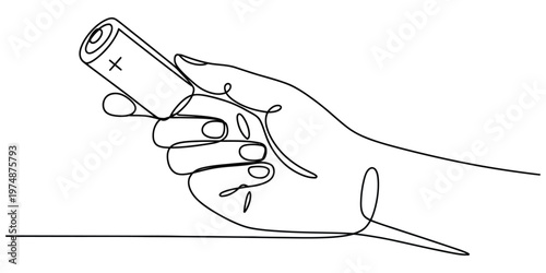 A single continuous line drawing of a human hand holding a standard cylindrical electric battery