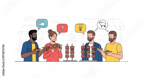 People discussing and eating doner kebab at food truck