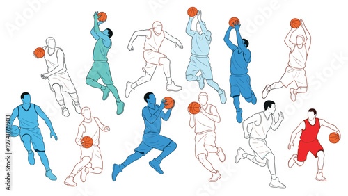 Large collection of basketball player sketches showing various actions like dribbling shooting and dunking in multiple bright colors.