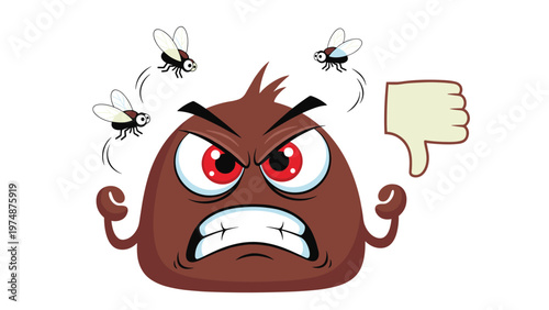 Humorous illustration features an angry brown poop emoji character surrounded by flies and making a thumbs down gesture.