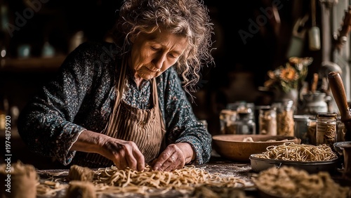 Elderly woman skillfully prepares handmade pasta in a rustic kitchen, showcasing traditional culinary art.