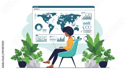 Illustration of a woman sitting in a modern chair working on a laptop with a large world map and data charts in the background.