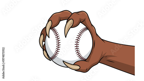 Brown hairy monster hand with long sharp claws firmly gripping a white baseball isolated on a plain white background.