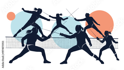 Collection of dark blue silhouettes showing fencers in various combat lunges and parries with swords against colorful circle shapes.