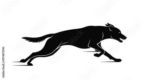 Black silhouette of a lean dog running or sprinting at high speed with its ears pinned back against a white background.