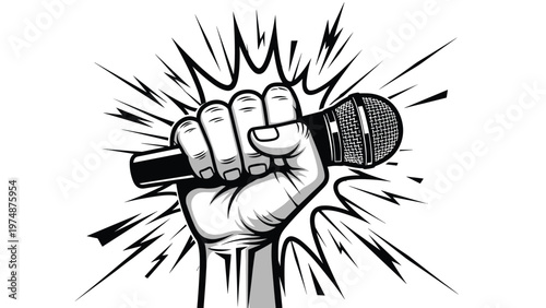 Strong fist tightly clenching a professional microphone against a black and white explosive background symbolizes vocal power.