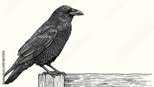 Intricate black and white engraving depicts a large raven perched on the top corner of a textured wooden fence post.