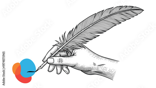 Detailed hand drawing of a person writing with a traditional feather quill pen over artistic colorful ink spots.