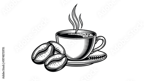 Vintage style engraving of a hot steaming coffee cup and saucer with roasted coffee beans on a clean white background.