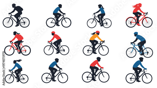 Large collection of diverse cyclist silhouettes riding various types of bicycles for sports and urban transit concepts.