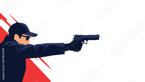 Silhouette of a man wearing a cap and sunglasses aiming a handgun forward against a white and red geometric background.