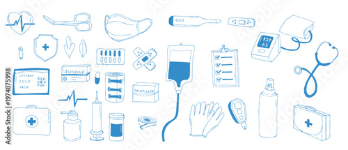 Doodle first aid kit. Outline blue medical equipment and pharmacy kit. Blood pressure monitor, instant cold pack, painkiller, aspirin and other pills and healthcare tools.